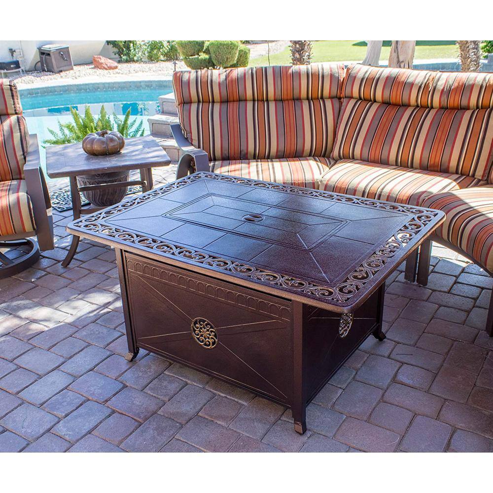 Hiland 35 in. x 24 in. Rectangle Cast Aluminum Propane Fire Pit in Hammered Bronze with Scroll Design