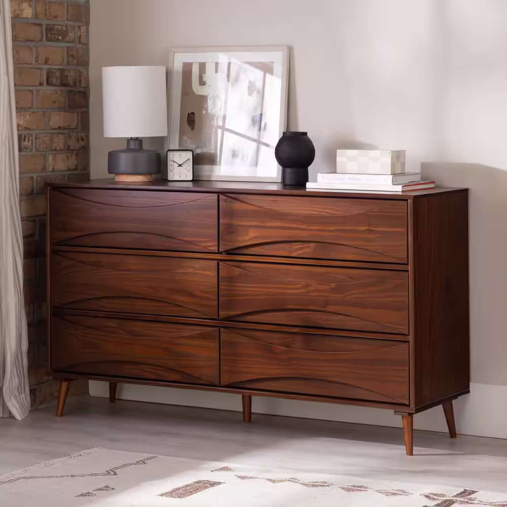 Welwick Designs 6-Drawer Walnut Wood Mid-Century Modern Dresser with Curved Detailing