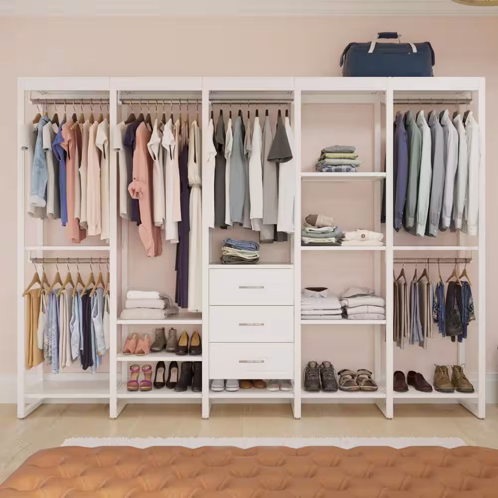 CLOSETS By LIBERTY 113 in. W White Adjustable Tower Wood Closet System with 3 Drawers and 18 Shelves