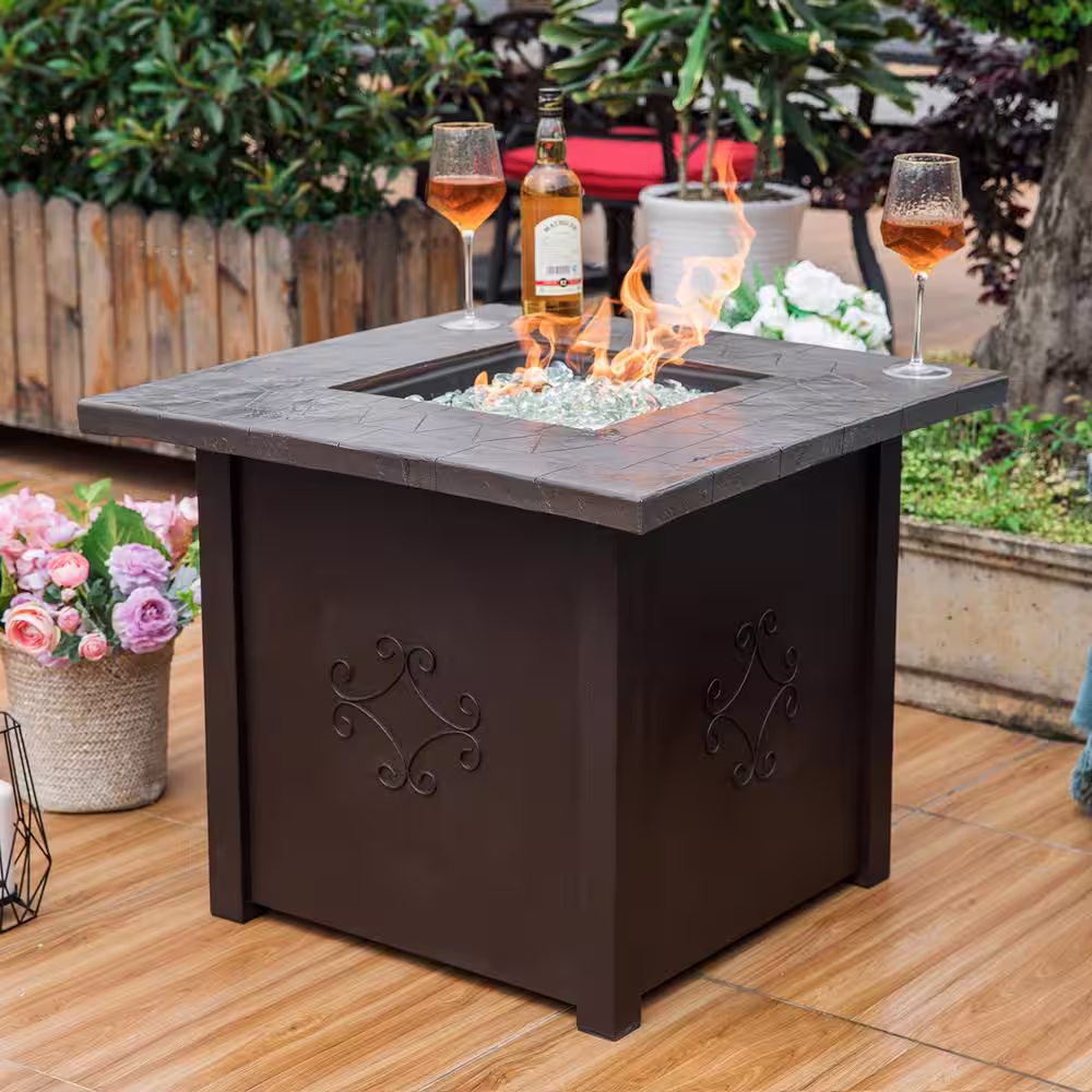 Nuu Garden 30 in. Square Outdoor Propane Gas Fire Pit Table with Cover with 50000 BTU