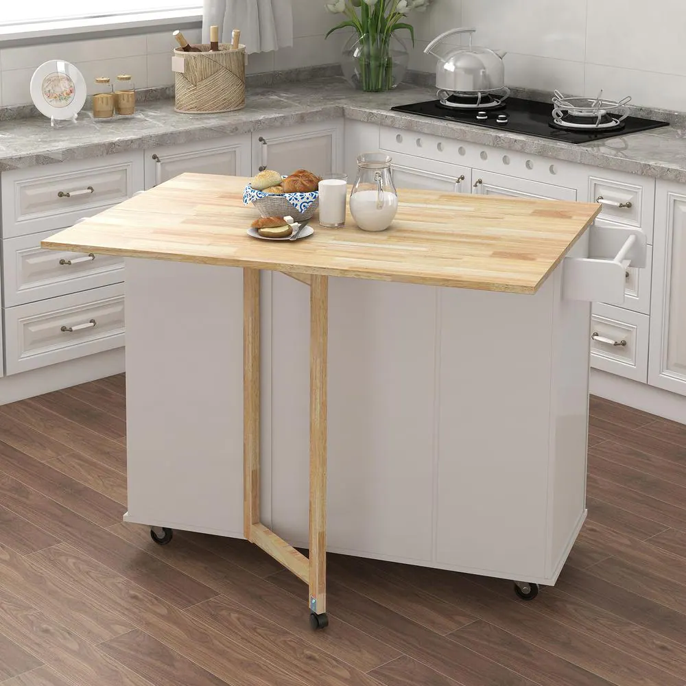 Tileon White Kitchen Island with Extensible Solid Wood Folding Table Top and Towel Rack