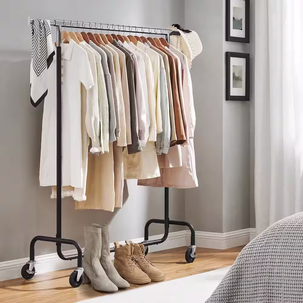 None Black Steel Extendable Garment Clothes Rack with Wheels 43 in. W x 63 in. H