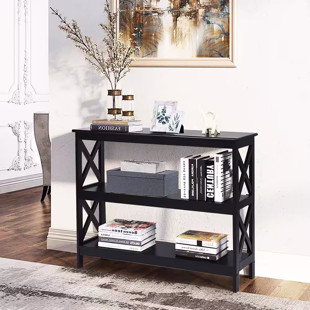 Costway 39.5 in. Black Standard Rectangle Wood Console Table with Shelf