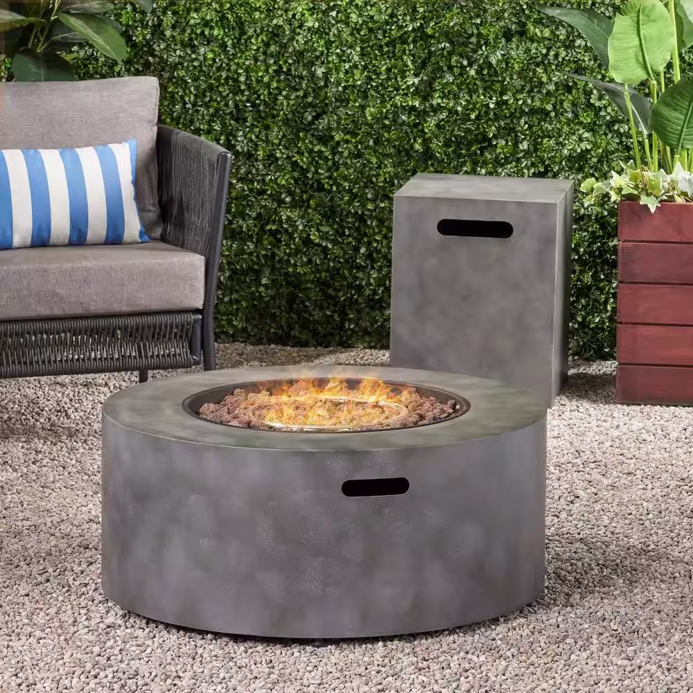 Noble House Wellington 15.25 in. x 19.75 in. Round Concrete Propane Fire Pit in Dark Grey with Tank Holder