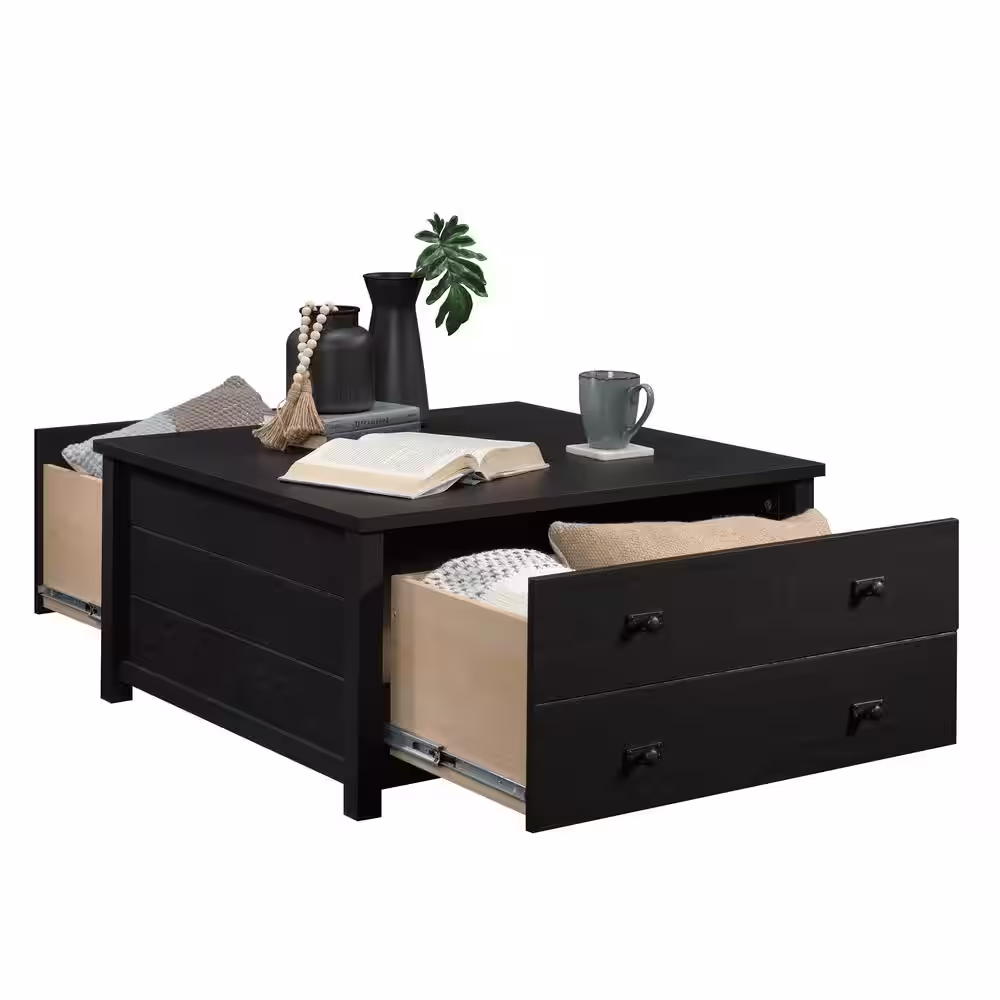 SAUDER Cottage Road 32.441 in. Raven Oak Square Engineered Wood Coffee Table with Drawers