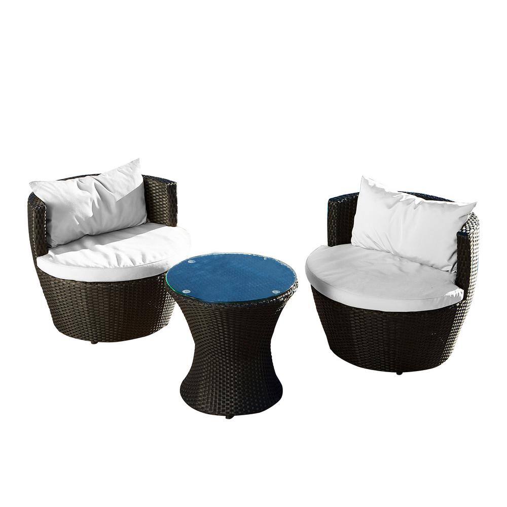 Noble House Kono Black 3-Piece Faux Rattan Patio Conversation Set with White Cushions
