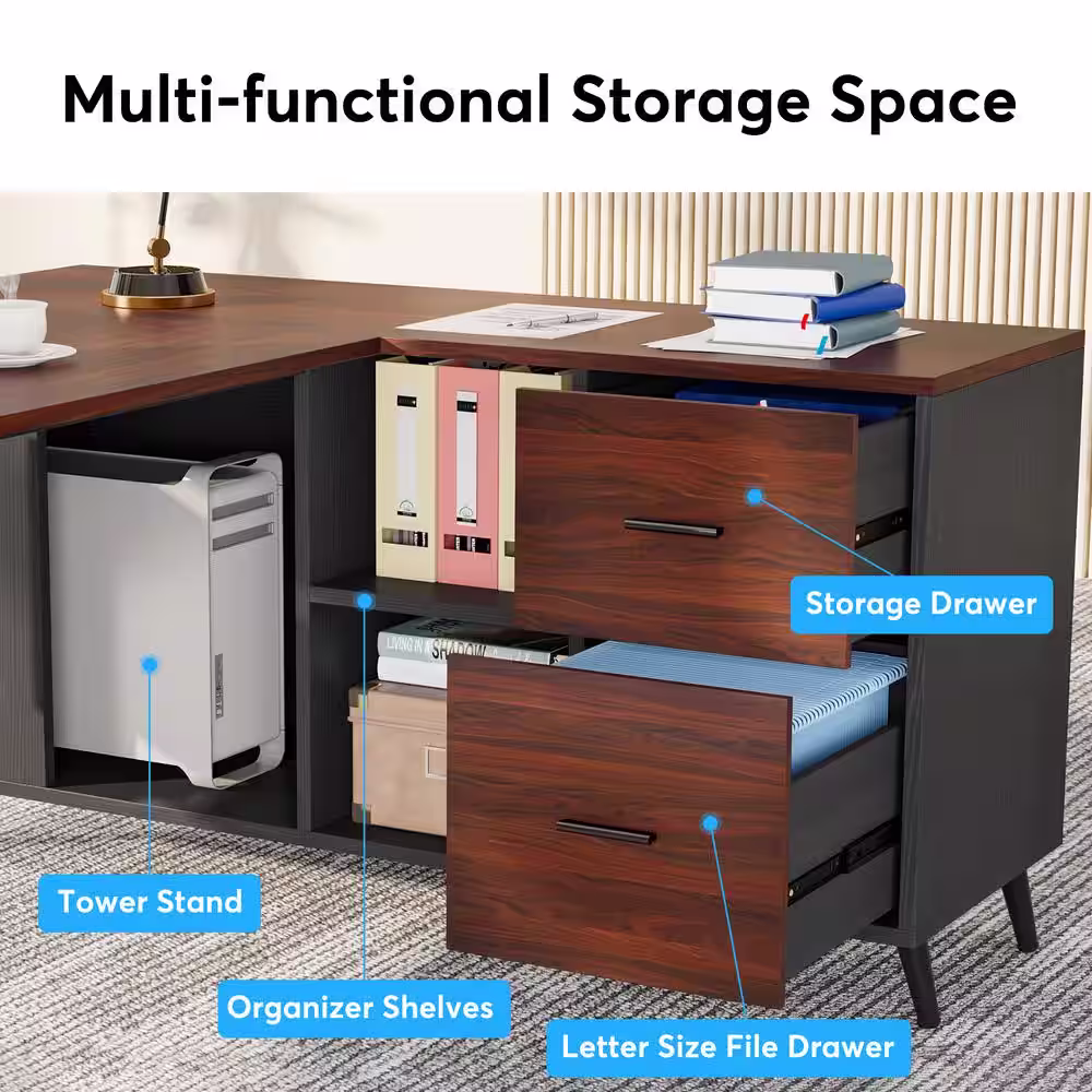 None Capen 87 in. L Shaped Brown Engineered Wood 2 Drawer Executive Desk with 51 in. File Cabinet Home Office Computer Desk