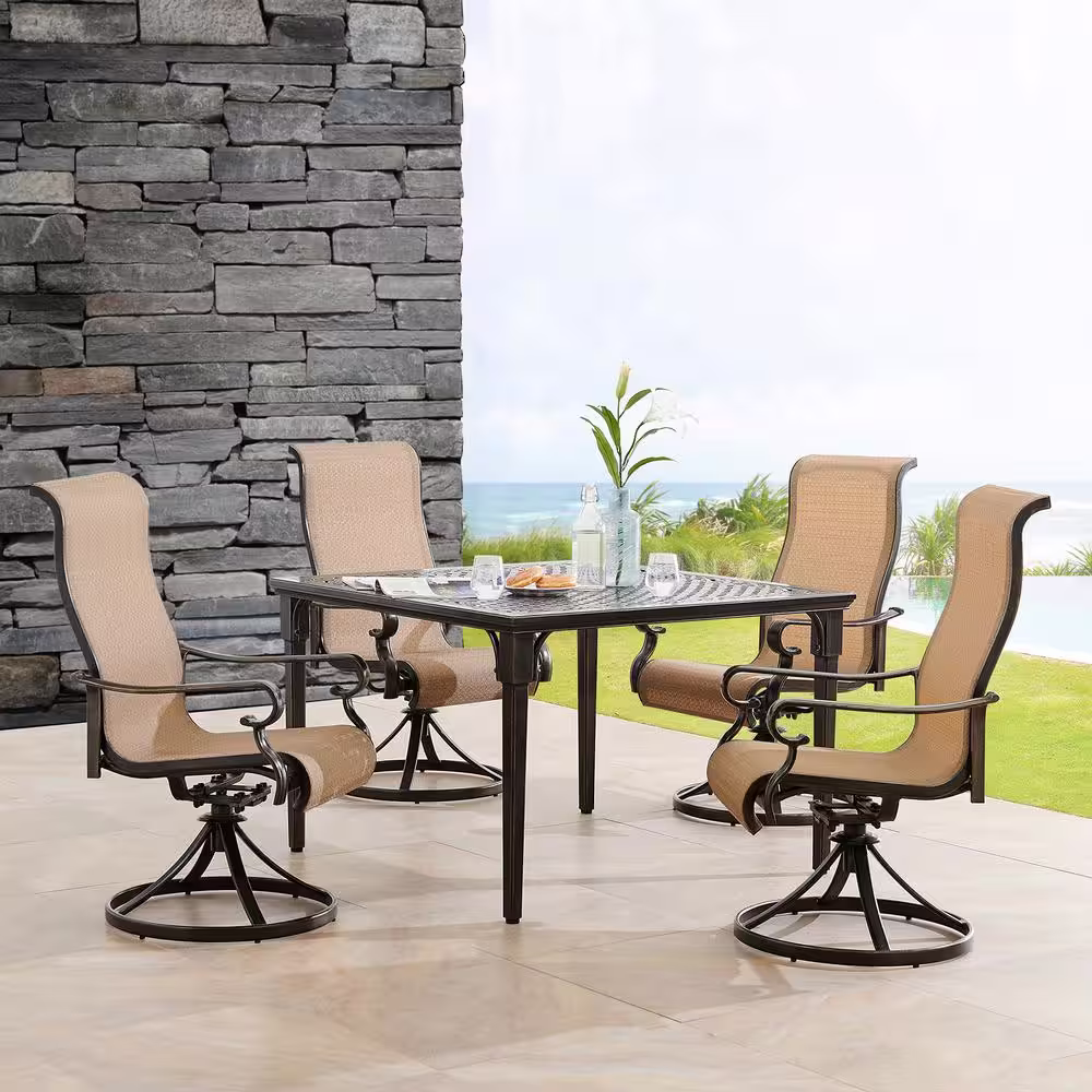 Hanover Brigantine 5-Piece Aluminum Outdoor Dining Set with 4 Sling Swivel Rockers and a 42 in. Square Cast-Top Table