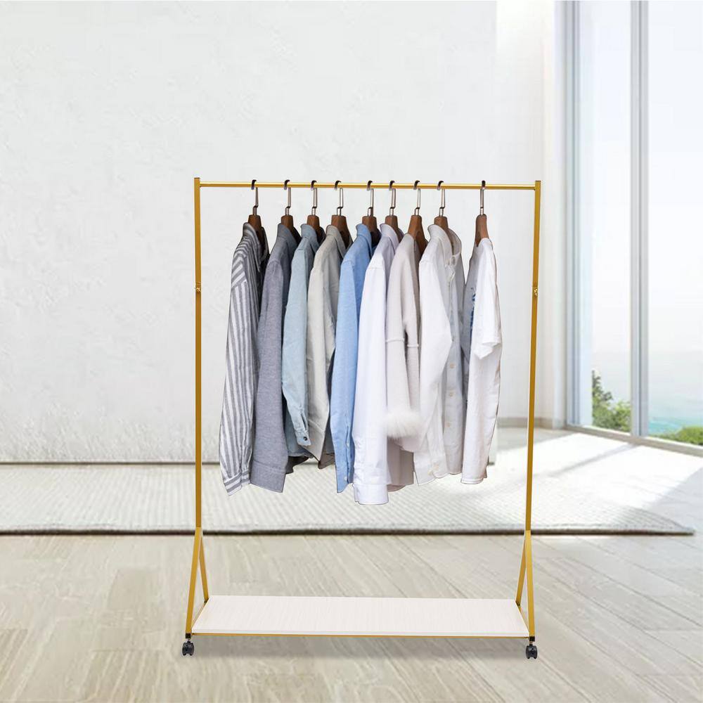 None Freestanding Rolling Gold Metal Clothes Rack with Shelf & Wheels 45.66 in. W x 64.17 in. H