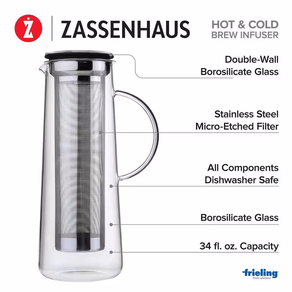 ZASSENHAUS 8-Cup Clear Stainless Glass Hot and Cold Brew Infuser Coffee Maker