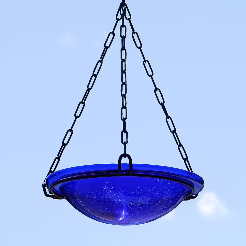 Achla Designs 12.5 in. Tall Cobalt Blue Crackle Glass Hanging Birdbath Bowl
