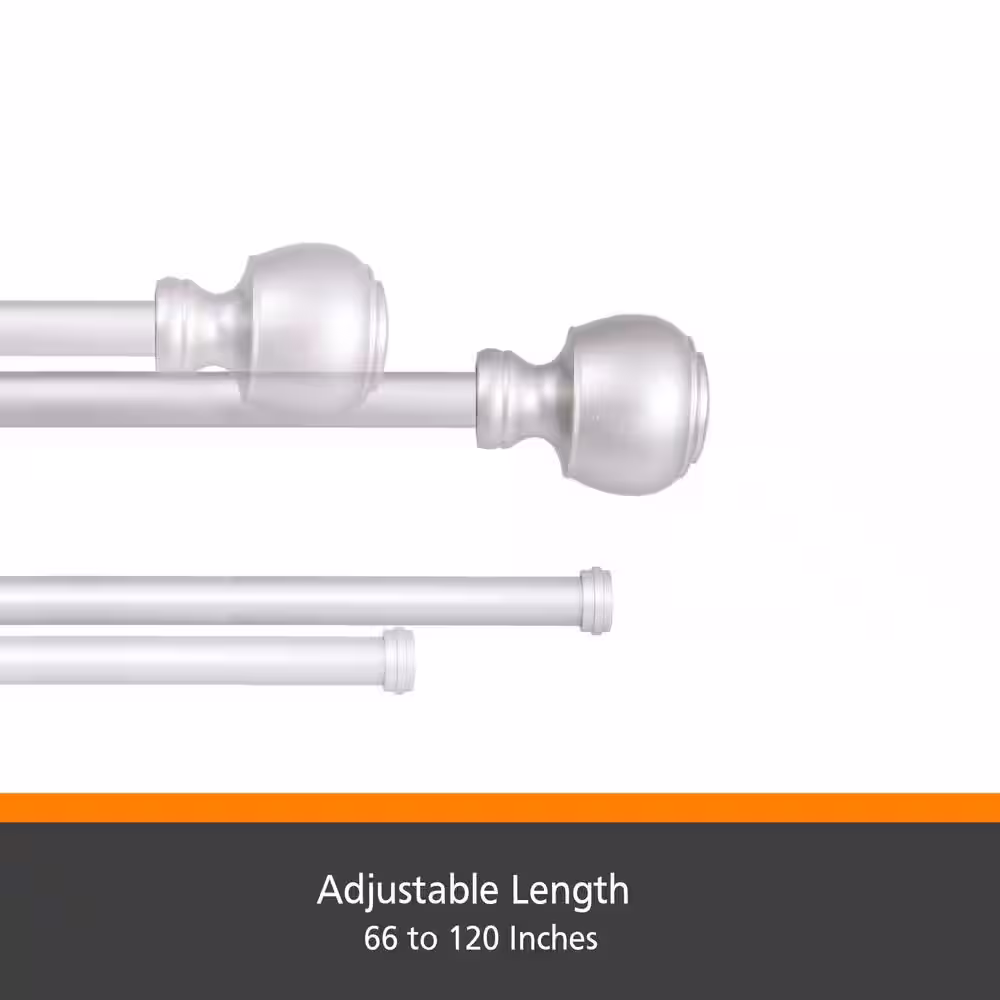 Kenney Fast Fit Easy Install Buchanan 66 in. - 120 in. Adjustable Double Curtain Rod 5/8 in. Dia., Satin Nickel with Finials