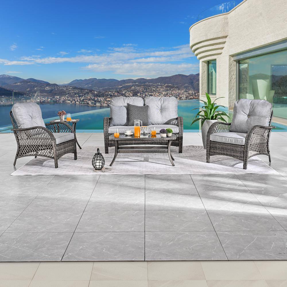 Patio Festival 5-Piece Wicker Patio Conversation Set with Gray Cushions