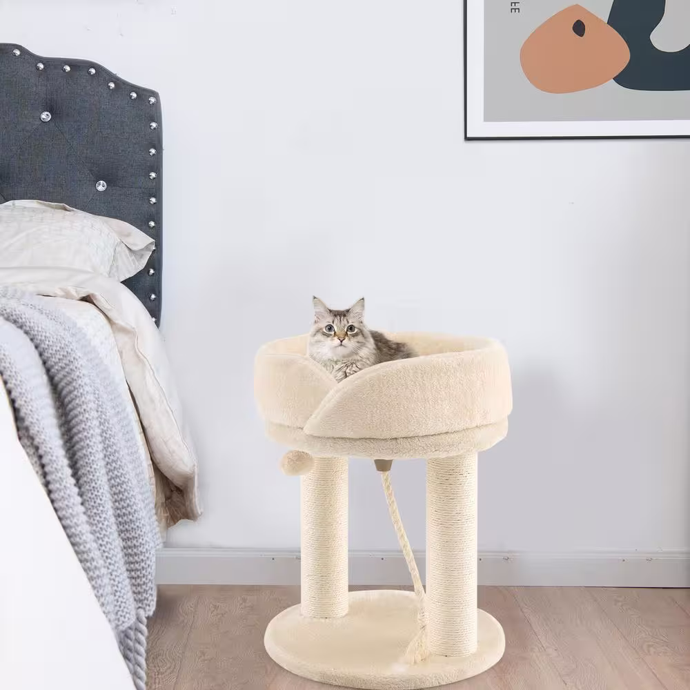 ANGELES HOME Beige Wood Cat Climbing Tree with Plush Perchs and Scratching Post