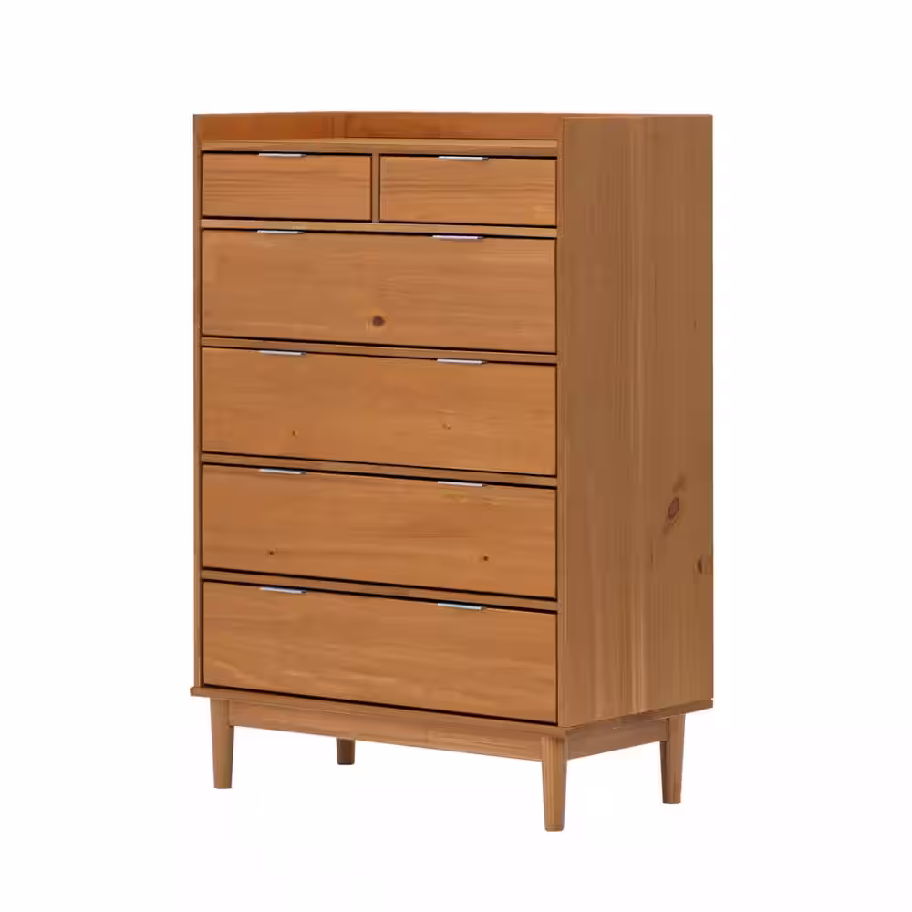 Welwick Designs 6-Drawer Caramel Solid Wood Mid-Century Modern Dresser with Tray Top (45 in. H x 30 in. W x 16 in. D)
