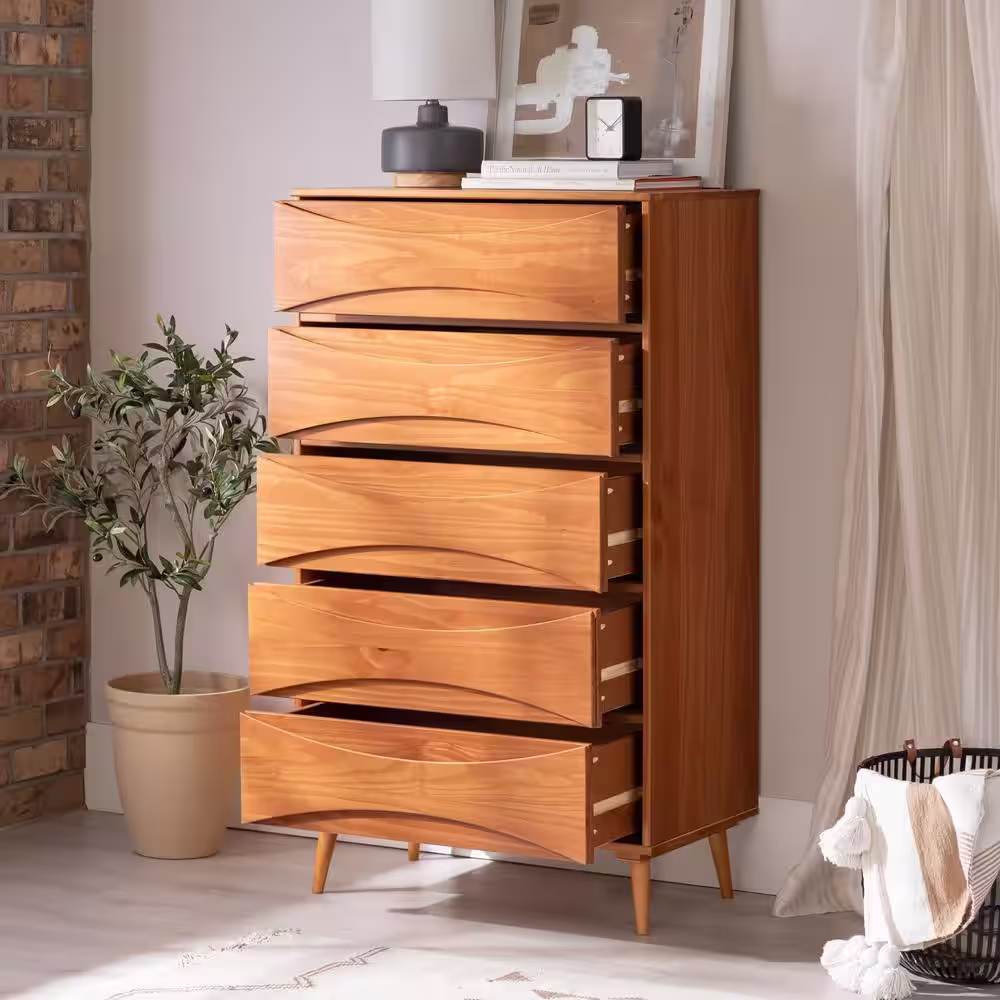 Welwick Designs 5-Drawer Caramel Wood Mid-Century Modern Dresser with Curved Detailing