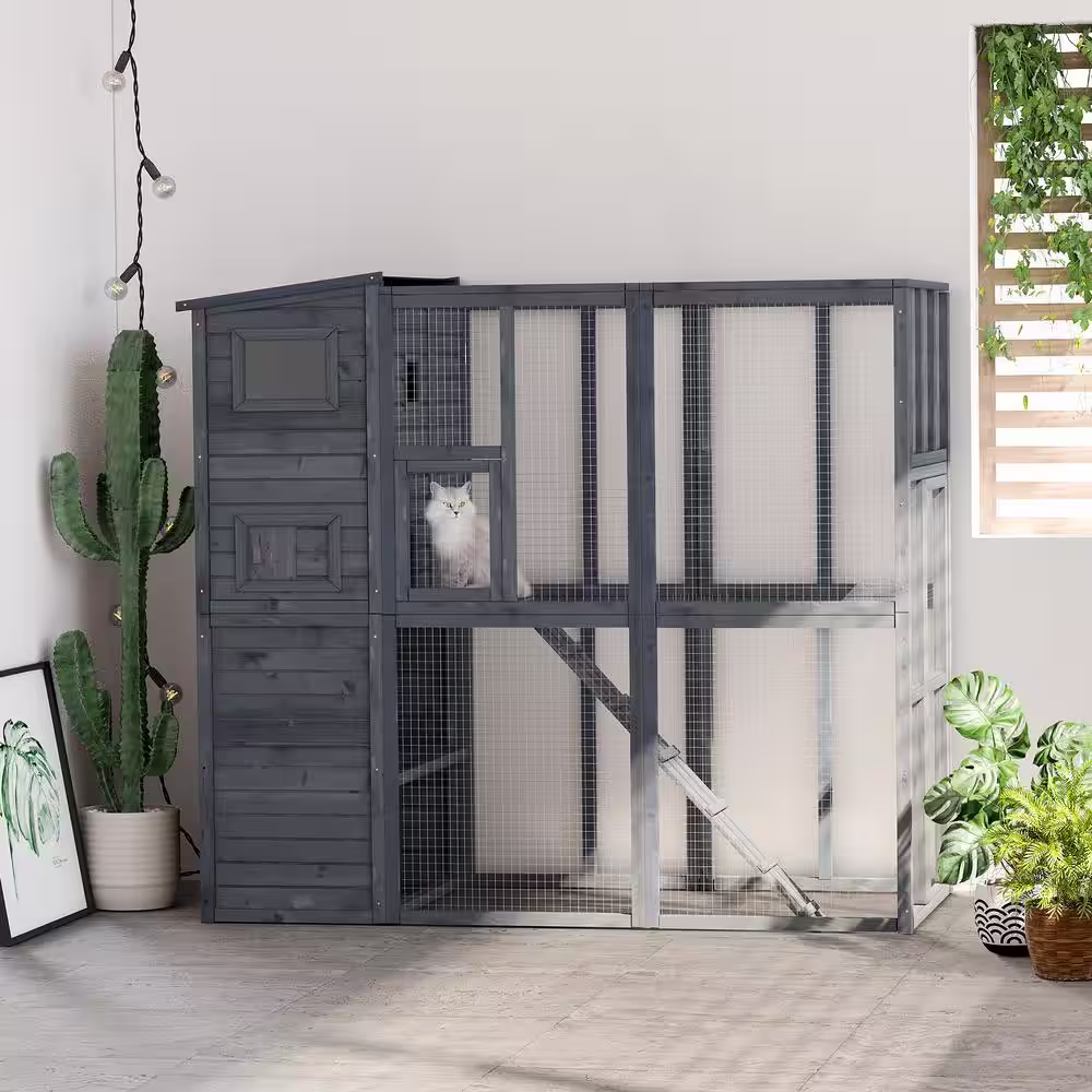PawHut 77 in. x 37 in. x 69 in. Grey Cat House Outdoor Catio Kitty Enclosure with Platforms Run Lockable Doors and Asphalt Roof