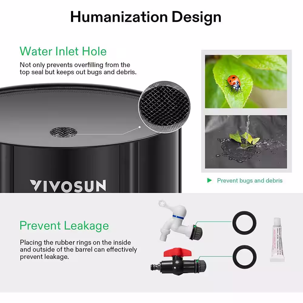 VIVOSUN 53 Gal. Collapsible Rain Barrel with 2 Spigots and Overflow Kit in Black