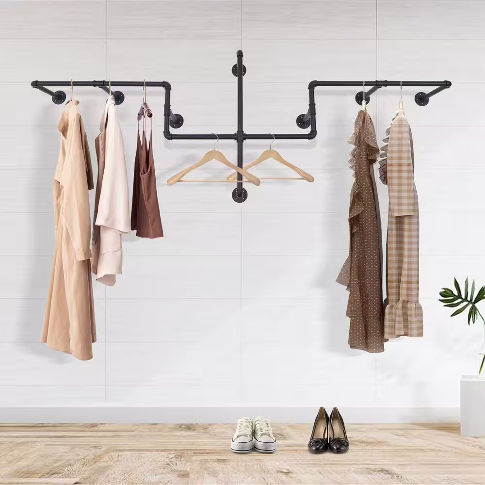 None Black Iron Wall Mounted Clothes Rack 85.83 in. W x 30.71 in. H