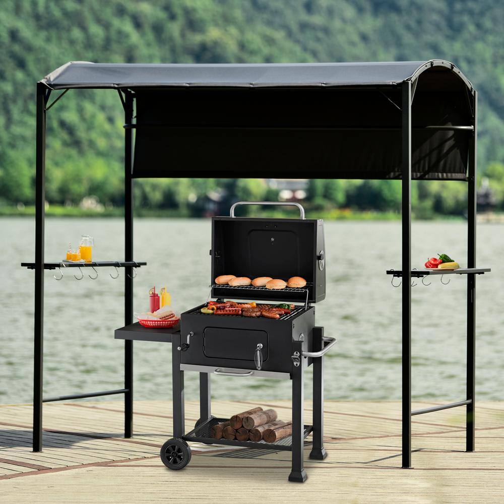 Sungrd 7 ft. x 6.8 ft. Gray Steel Double Tiered Patio BBQ Gazebo with Side Awning, Bar Counters and Hooks