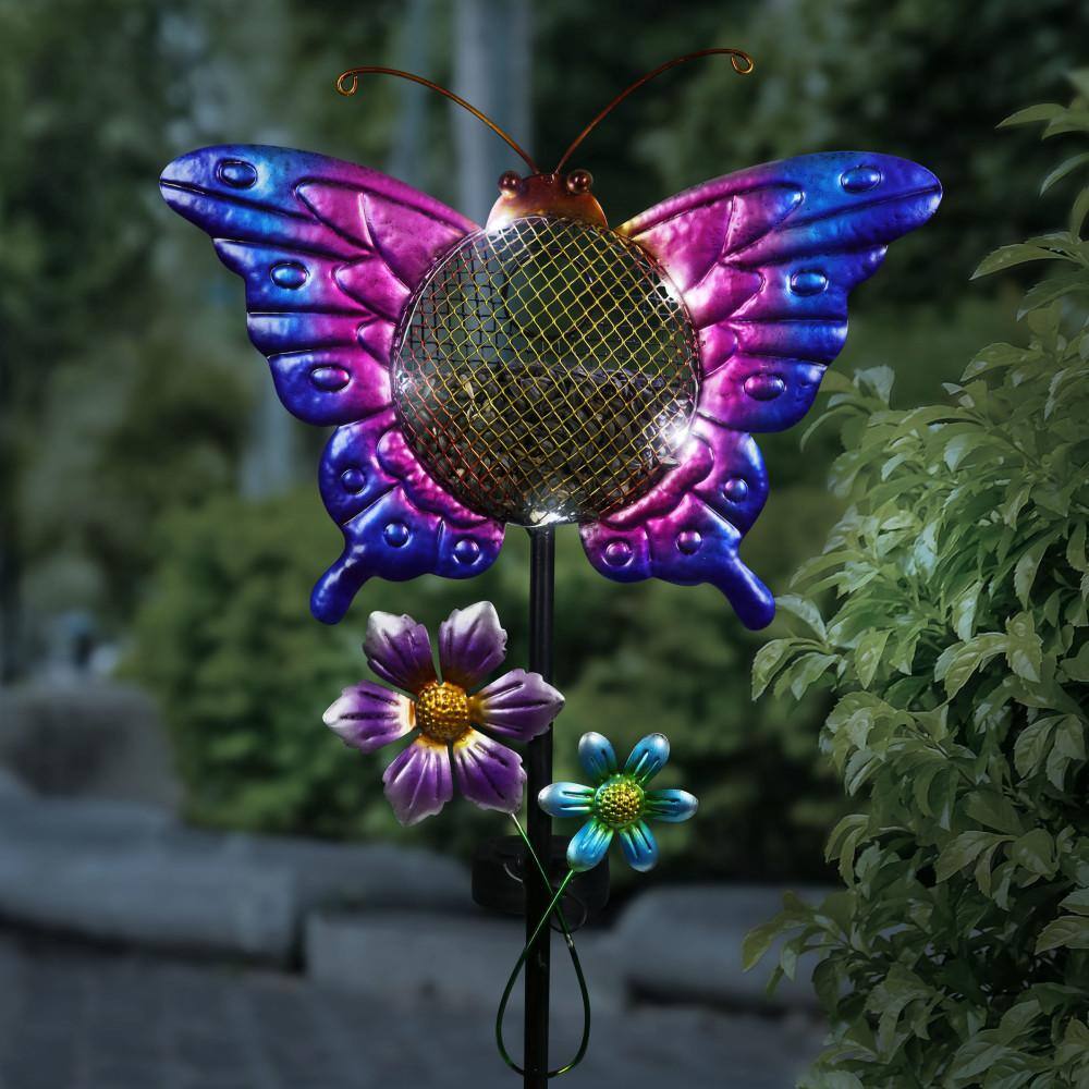 Exhart 3.02 ft. Purple Metal Solar Hand Painted Butterfly Mesh Pellet Bird Feeder Garden Stake