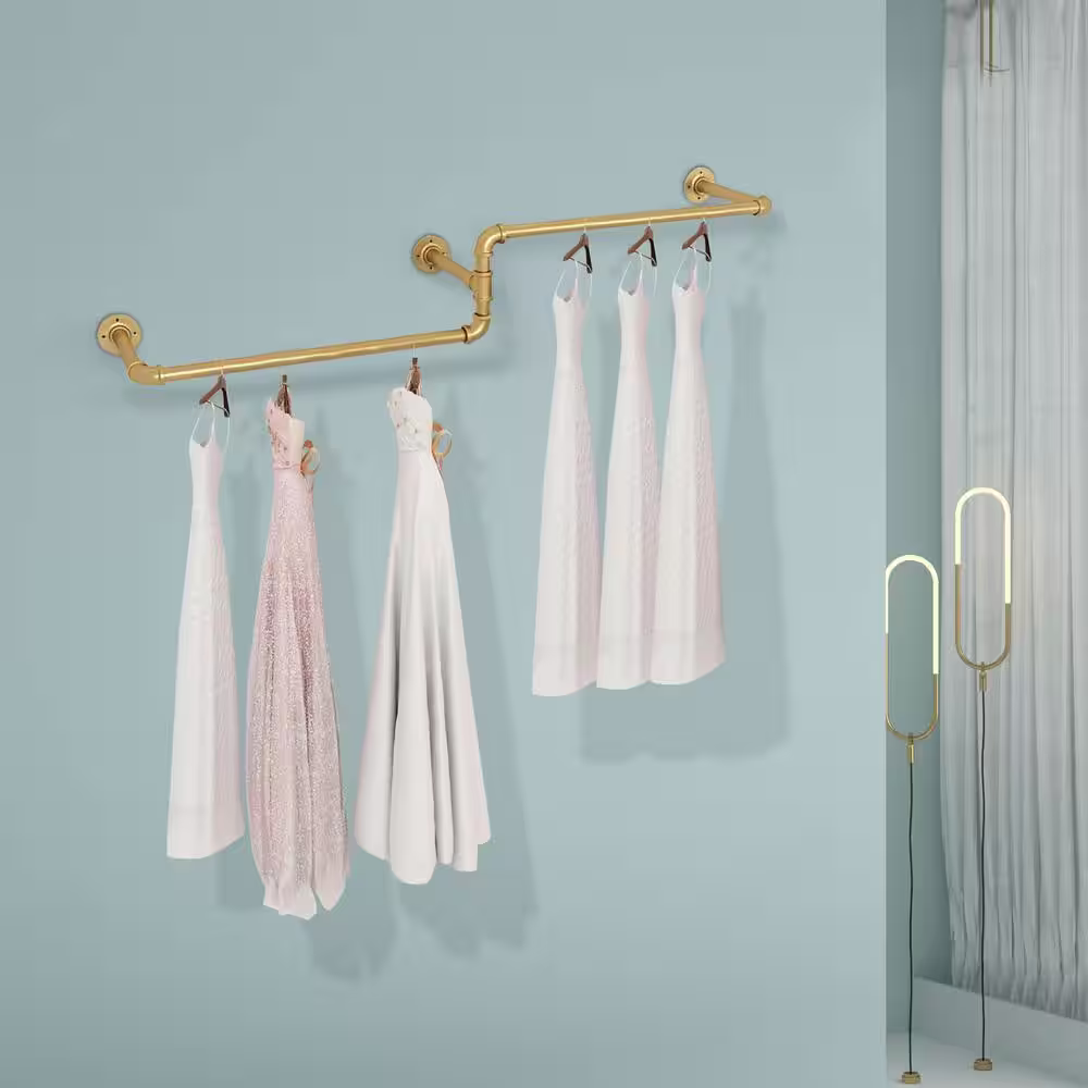 None Gold Iron Clothes Rack Hanging Rod Wall Mounted Pipe Garment Rack 71 in. W x 7.5 in. H
