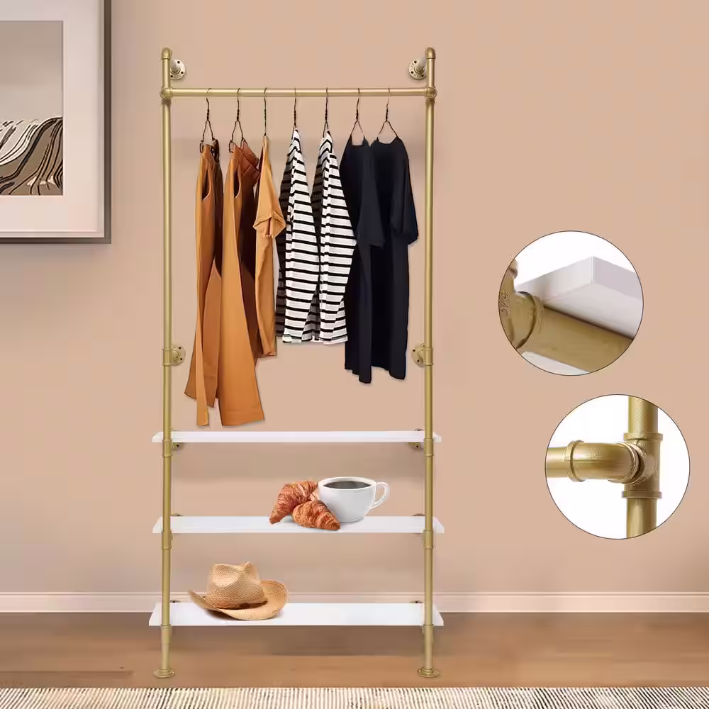 None Gold Wall Mounted Iron Clothes Rack with 3 Wood Shelves 36.6 in. W x 78.74 in. H