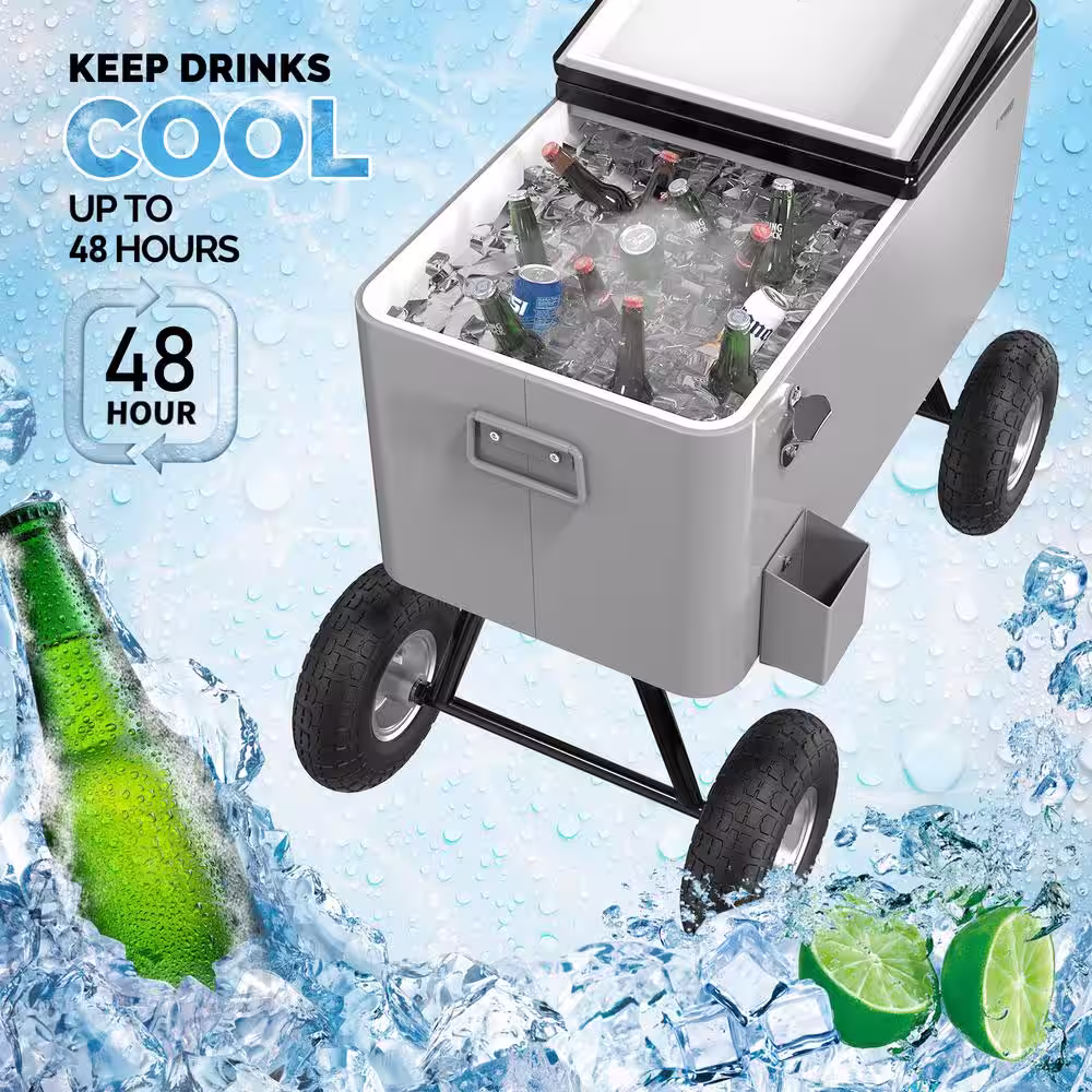 None 80 qt. Wagon Rolling Cooler Ice Chest with Long Handle and Big Wheels, Portable Patio Party Bar Cold Drink Beverage