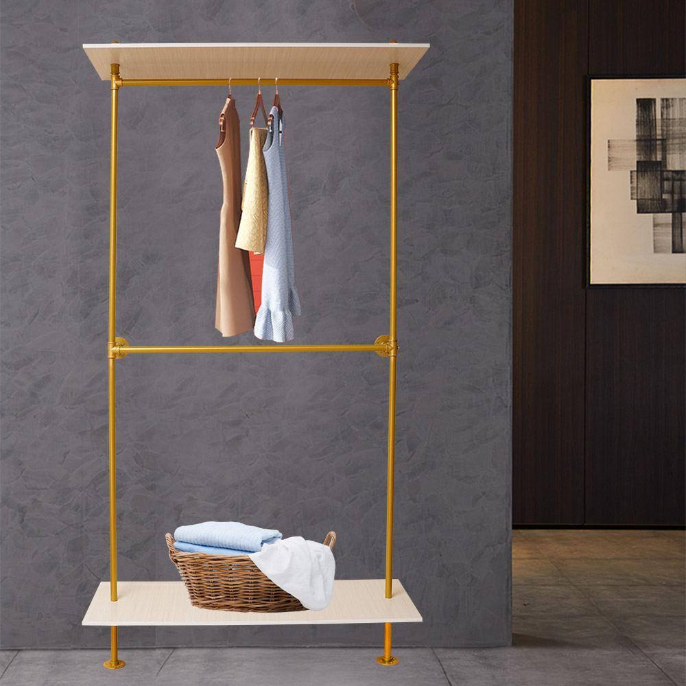 None Gold Wall-Mounted Modern Industrial Iron Pipe Hanging Rods Clothes Rack with 2 Tier Wood Shelf 92.13 in. H x 17.7 in. W