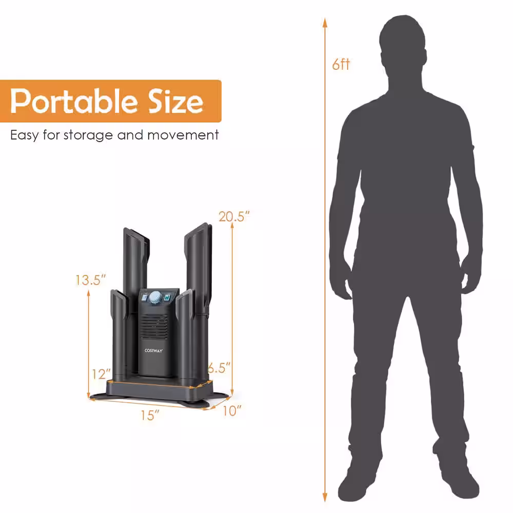 Costway 15 in. x 20.5 in. Plastic Electric Shoe Boot Dryer 4-Shoes with Ozone Disinfection 180-Minutes Timer Garment Rack Gray