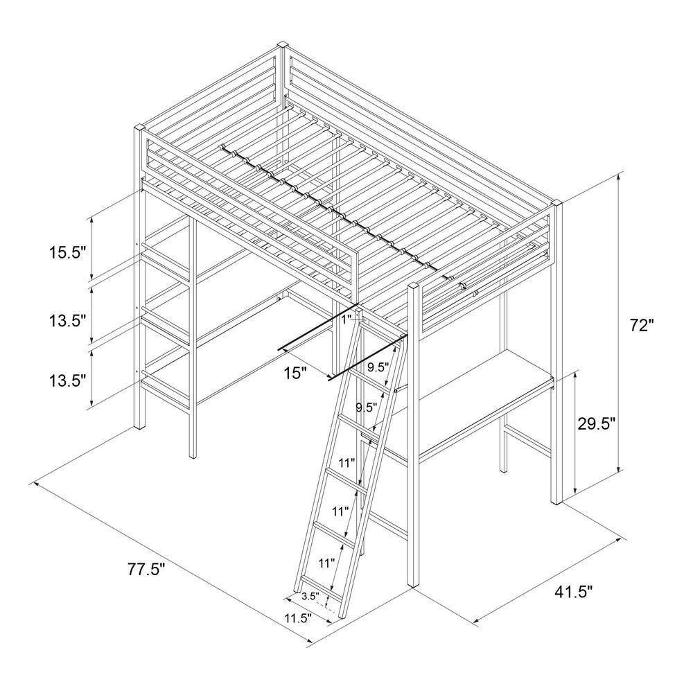 Little Seeds Nova Gunmetal Gray Metal Twin Loft Bed with Shelves