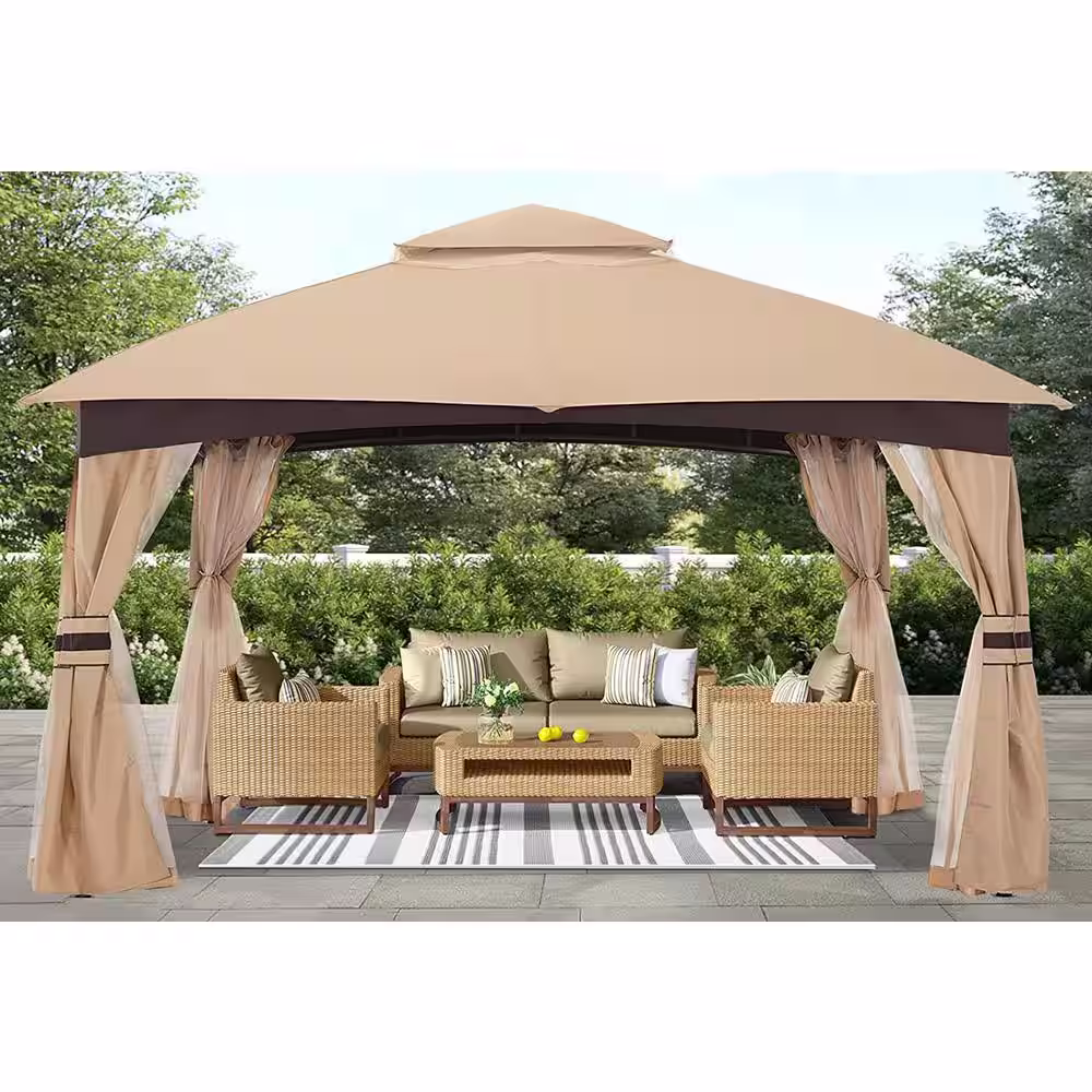ABCCANOPY 10 ft. x 12 ft. Beige Outdoor Steel Patio Gazebo with 2-Tier Vented Soft Top Canopy and Netting