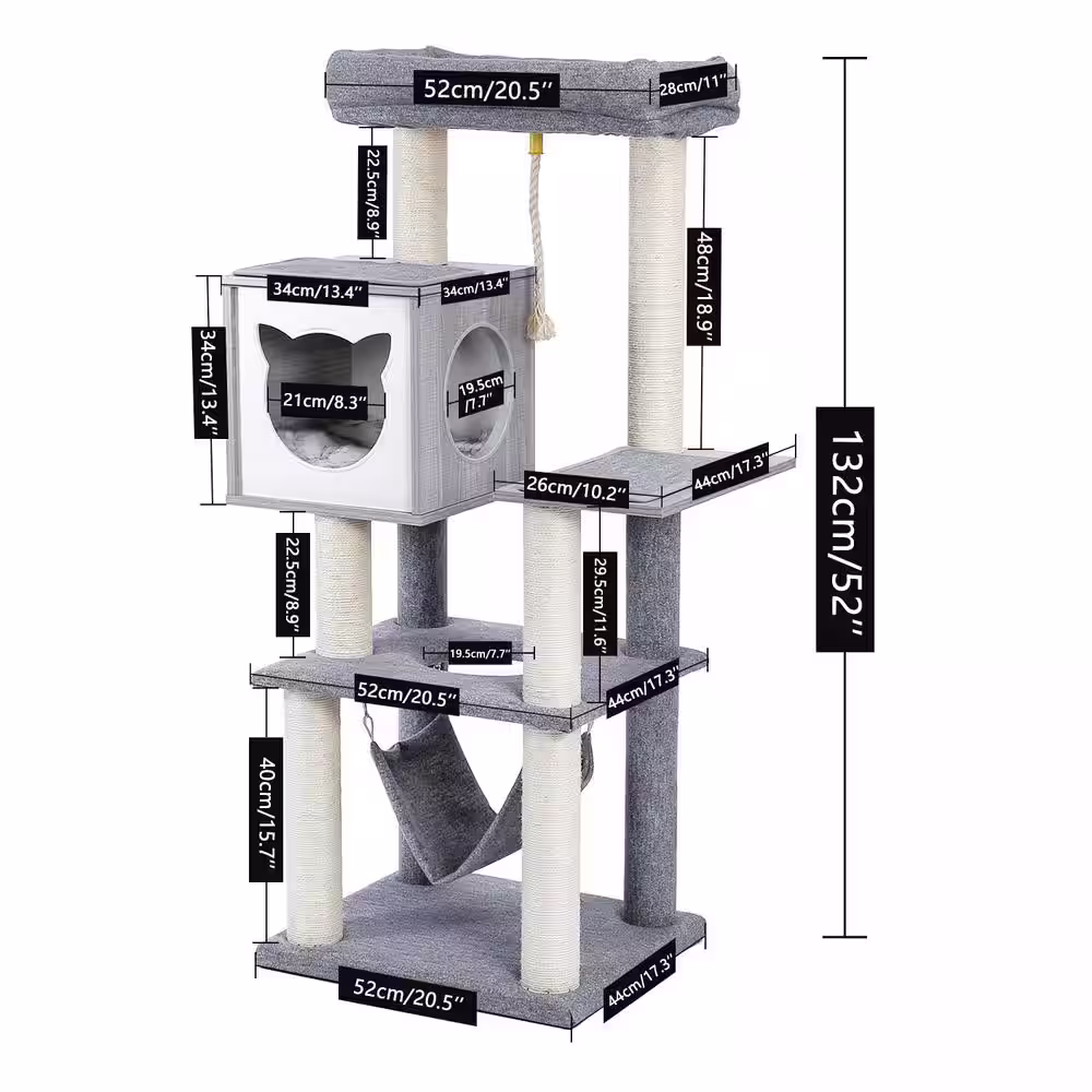 None 52 in. H Cat Tree Cat Tower with Condo and Hammock in Gray