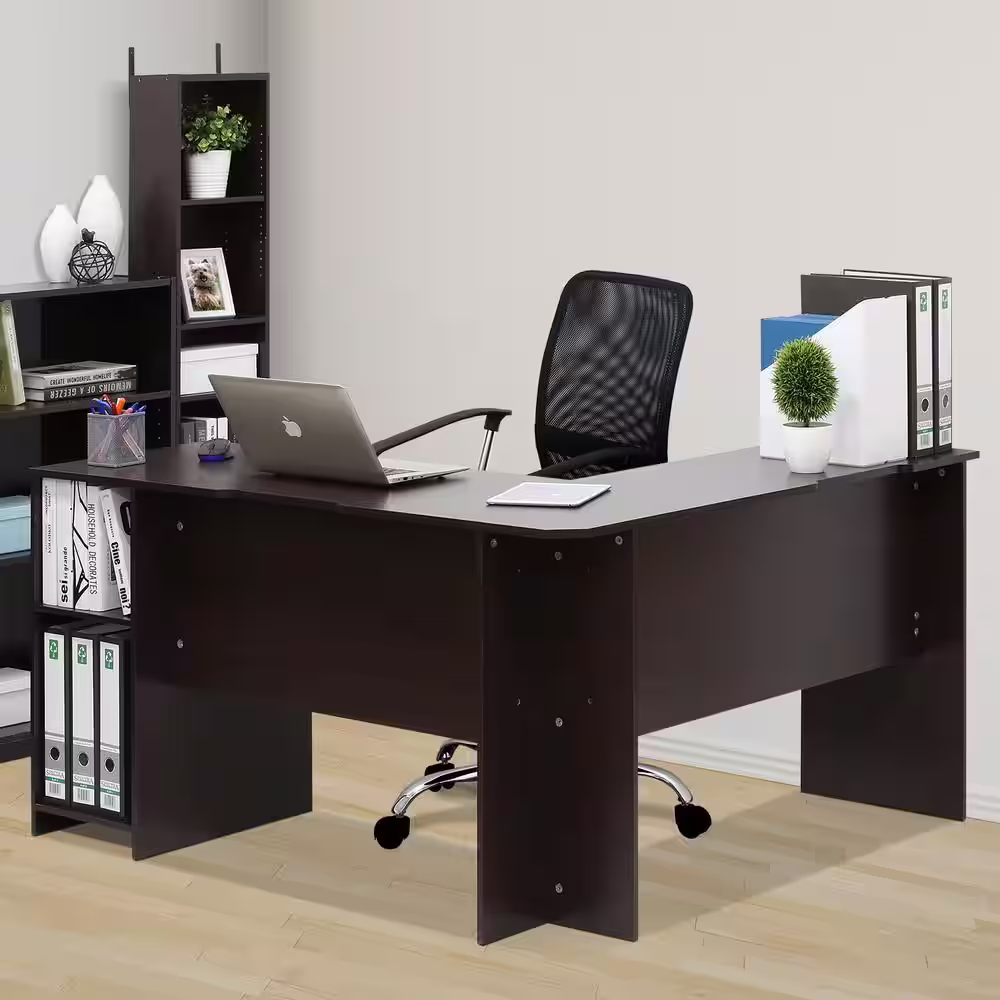Furinno 54 in. L-Shaped Espresso Computer Desk with Shelves