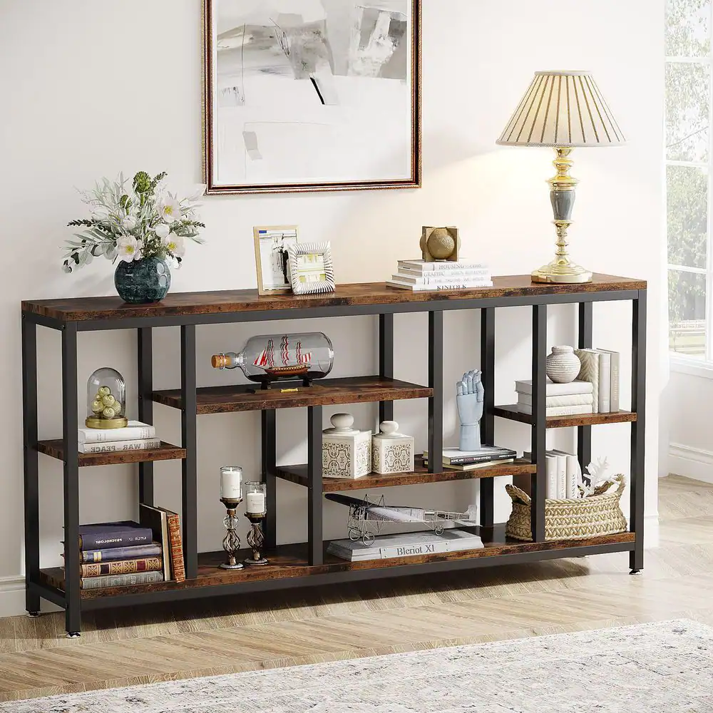 None Turrella 70.9 in. Brown 35.8 in. Height Rectangle Wood Console, Sofa Extra Long Behind Couch Table with 3 Shelf