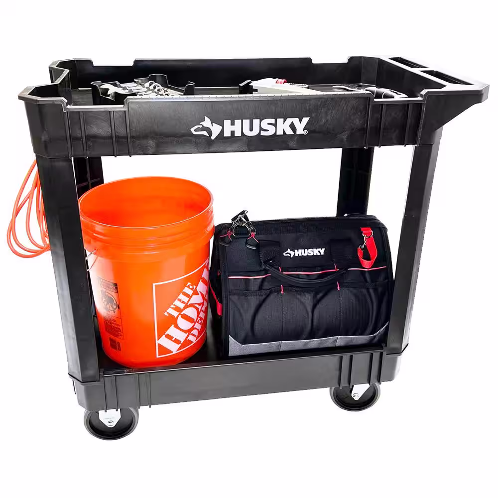 Husky 2-Tier Plastic 4-Wheeled Service Cart in Black with 500 lb. Capacity