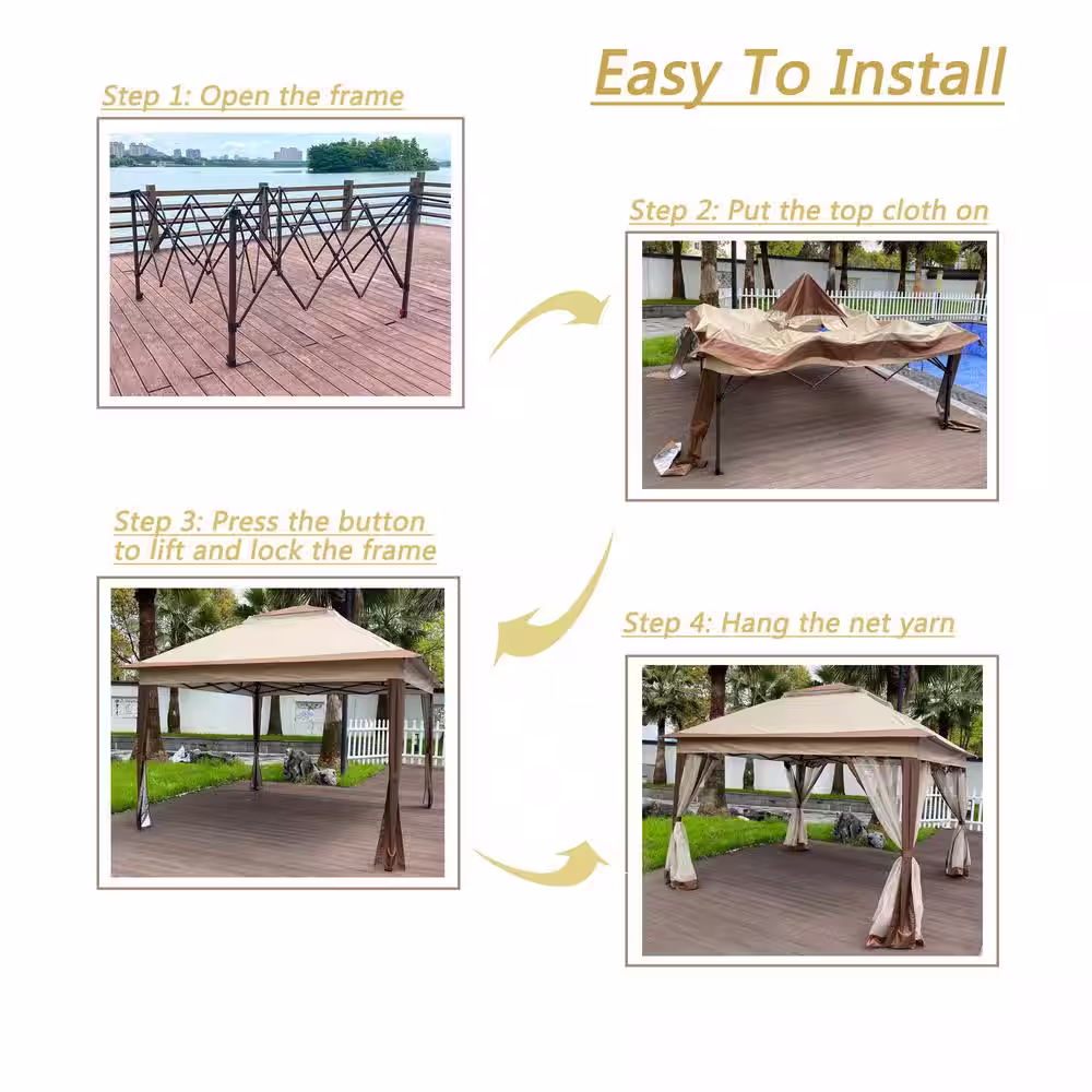 None Coffee Brown 11 ft. x 11 ft. Pop Up Gazebo Canopy with Removable Zipper Netting