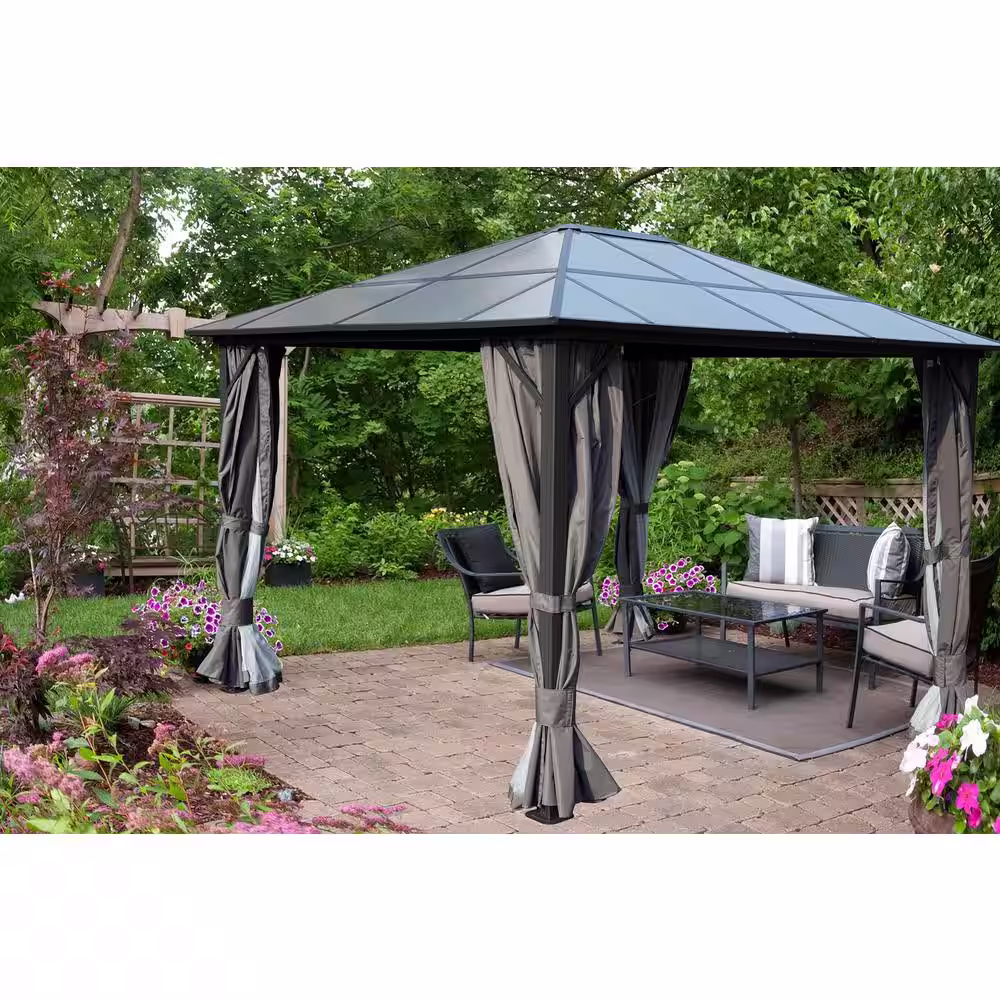 KOZYARD Edward 10 ft. x 8.6 ft. x 12 ft. Polycarbonate Transparent Roof Gazebo with Mosquito Net and Privacy Sidewall