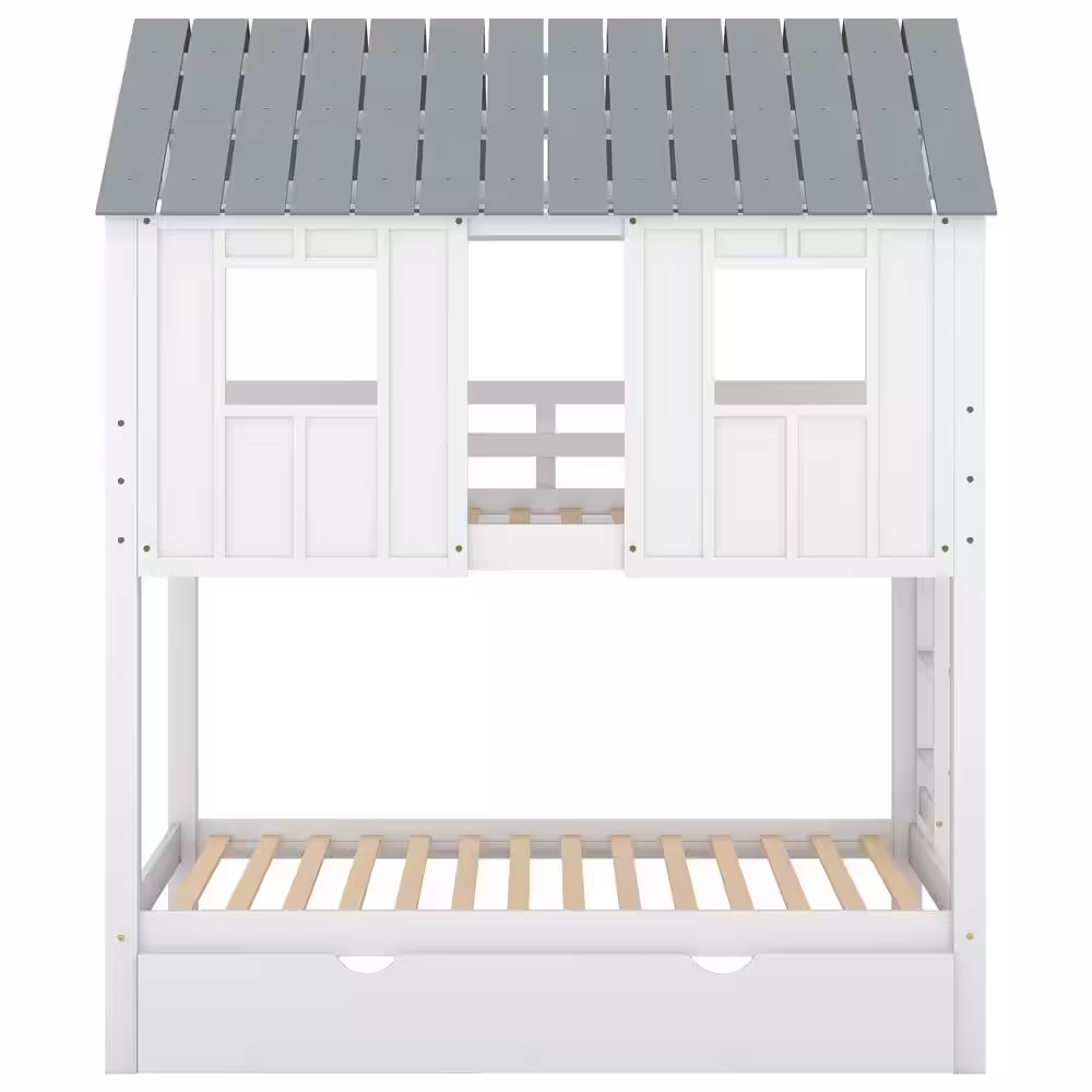 Harper & Bright Designs White Twin over Twin Wood House Bunk Bed with Trundle, Ladder, Roof and Windows