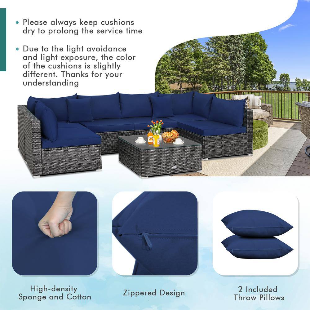 Costway 7-Piece Patio Rattan Furniture Set Sectional Sofa Cushioned Garden Navy