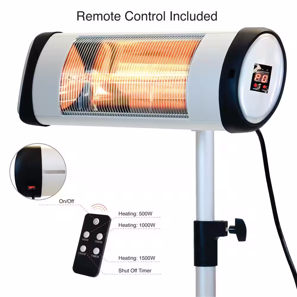 EdenBranch Adjustable Height Carbon Fiber Standing Patio Heater with Remote Control 1500-Watt