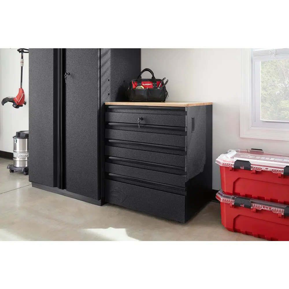 Husky Pro Duty Welded 18-Gauge Steel 5-Drawer Garage Base Cabinet in Black LINE-X Coating (28 in. W x 36 in. H x 21.5 in. D)