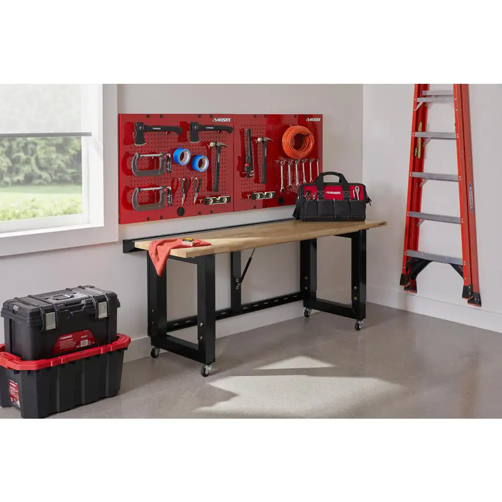 Husky Ready-To-Assemble 6 ft. Folding Adjustable Height Solid Wood Top Workbench in Black