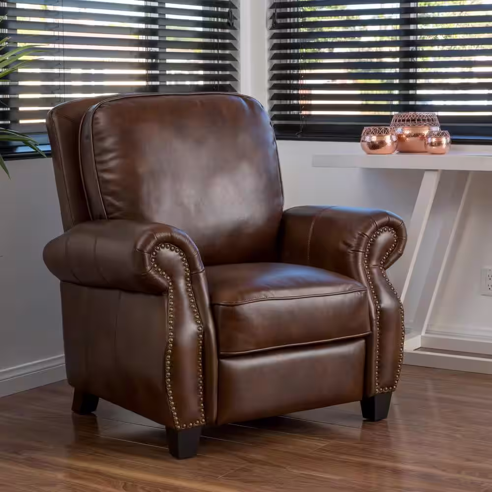 Noble House Neville 37 in. Width Big and Tall Brown Faux Leather Nailhead Trim Club Recliner