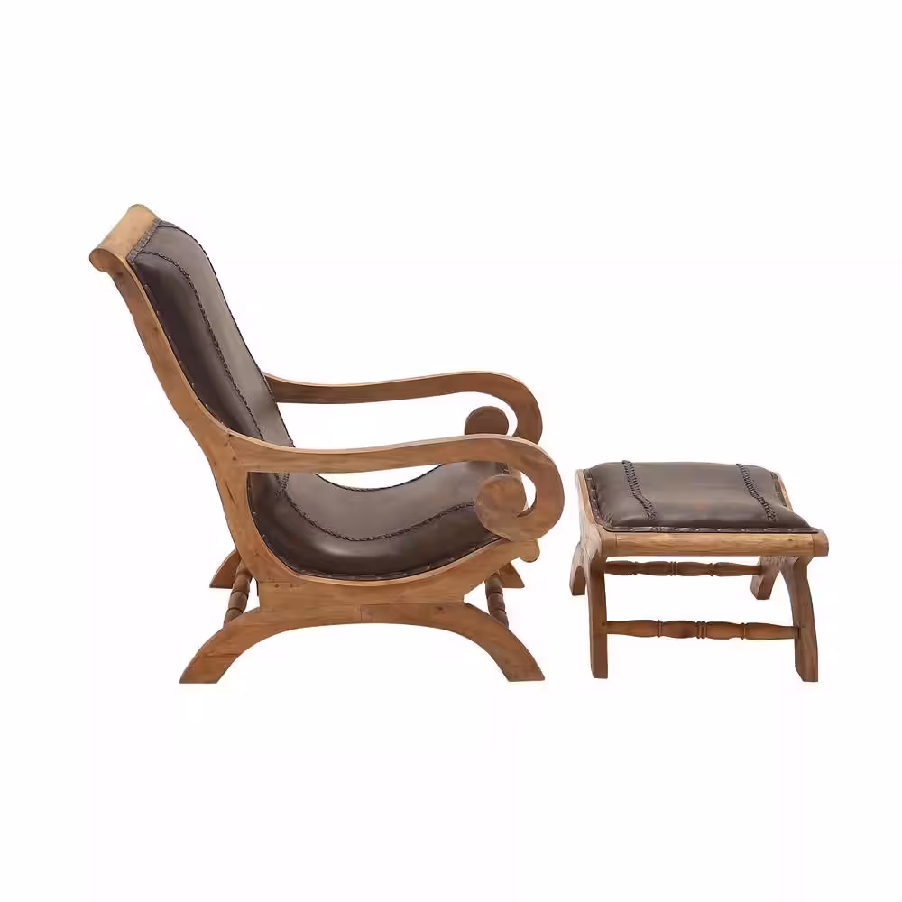 None Dark Brown Upholstered Leather Wood Accent Chair with Ottoman with Scrollwork Arms and High Back