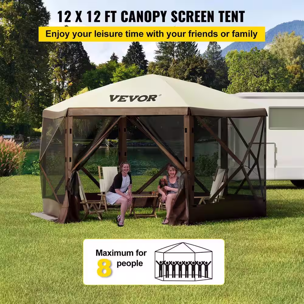 None 12 ft. x 12 ft. Brown/Beige 6 Sided Pop-Up Camping Gazebo Canopy Screen Shelter Tent with Mesh Windows