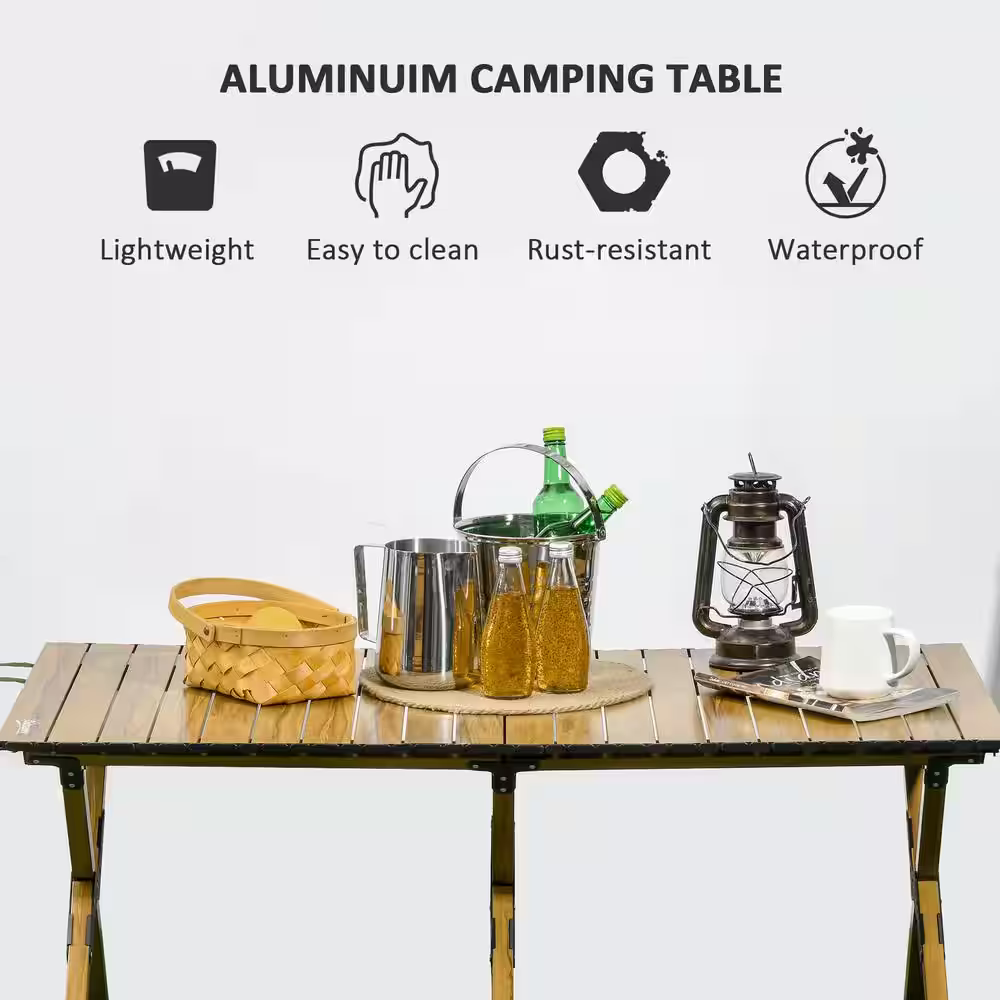 Outsunny 4 ft. Aluminum Camping Table, Folding Roll-Up Picnic Table With Carry Bag, Waterproof and Woodgrain Finish