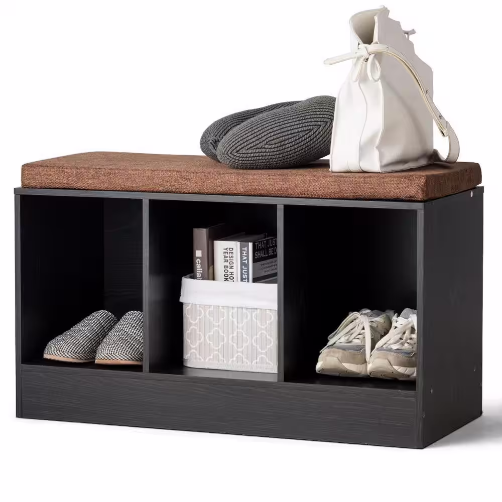 HONEY JOY 18.5 in. H 3-Pair Black Wood Shoe Rack with Removable Cushion