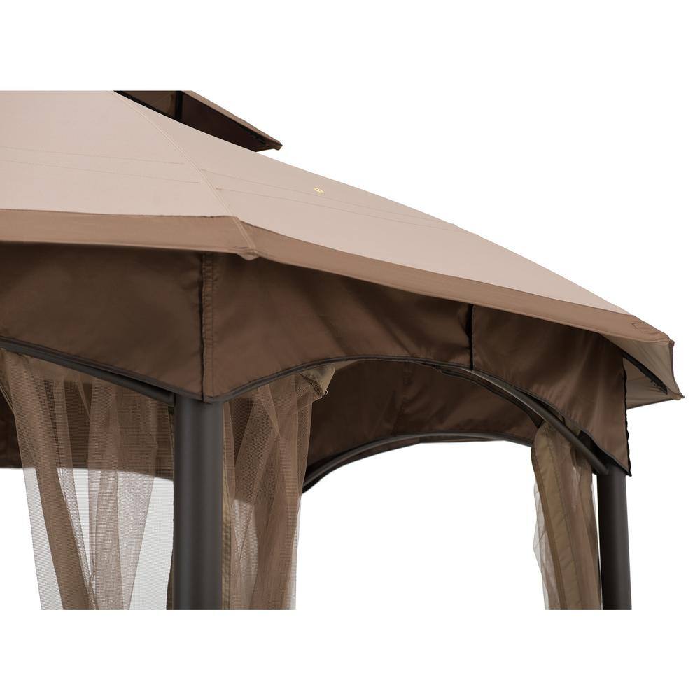 Sunjoy Bourbon 13.5 ft. x 13.5 ft. Brown Steel Gazebo with 2-Tier Tan and Brown Dome Canopy and Mosquito Netting
