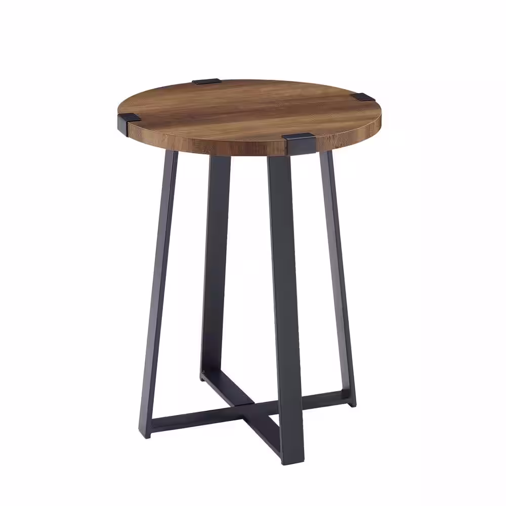 Walker Edison Furniture Company 18 in. Rustic Oak Rustic Urban Industrial Wood and Metal Wrap Round Accent Side Table